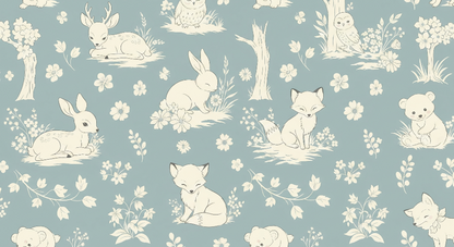 Kids-Mundo flat artwork preview of the blue toile wall mural with fawn, owl, rabbit and fox