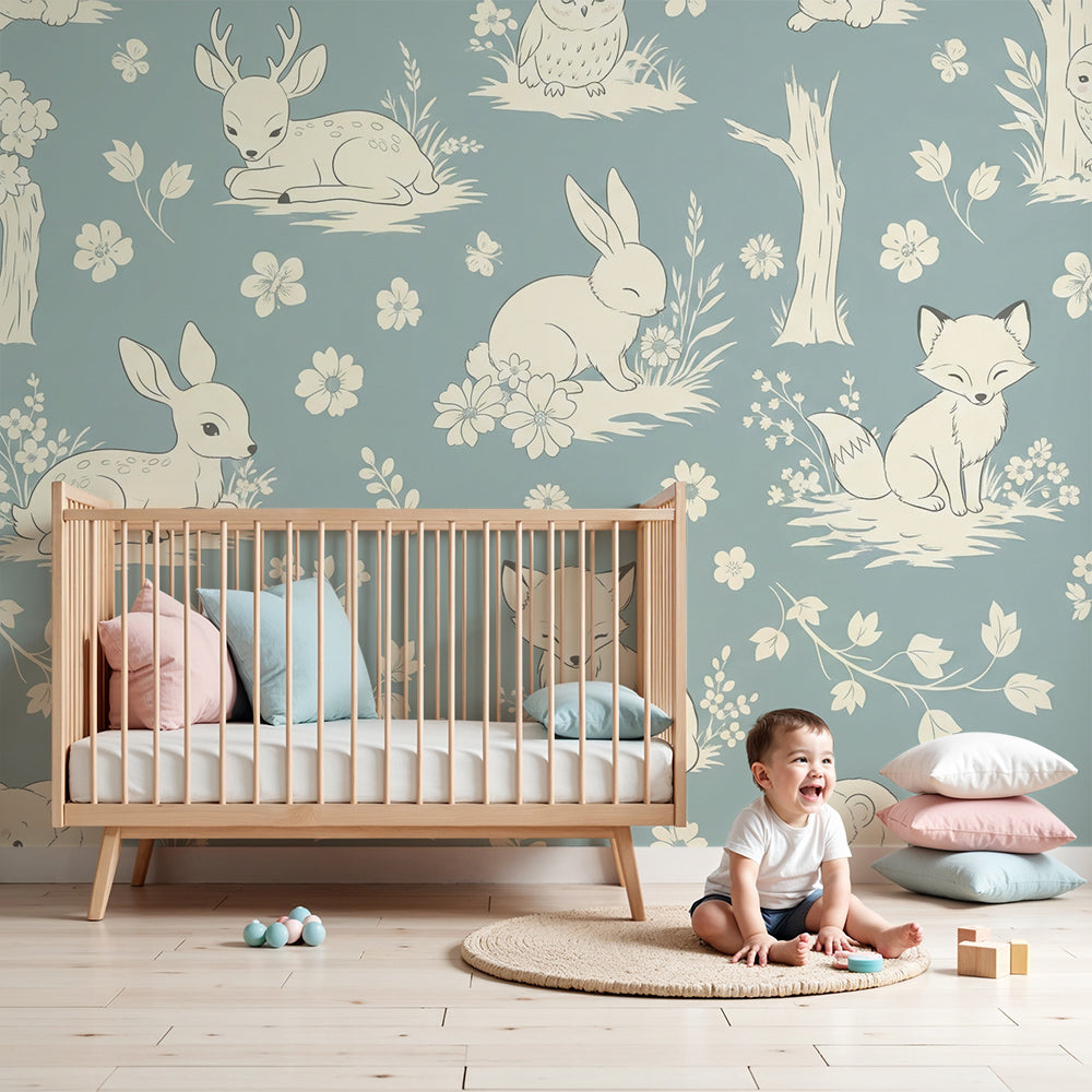 Kids-Mundo blue toile woodland animals wall mural installed as a feature wall in a nursery
