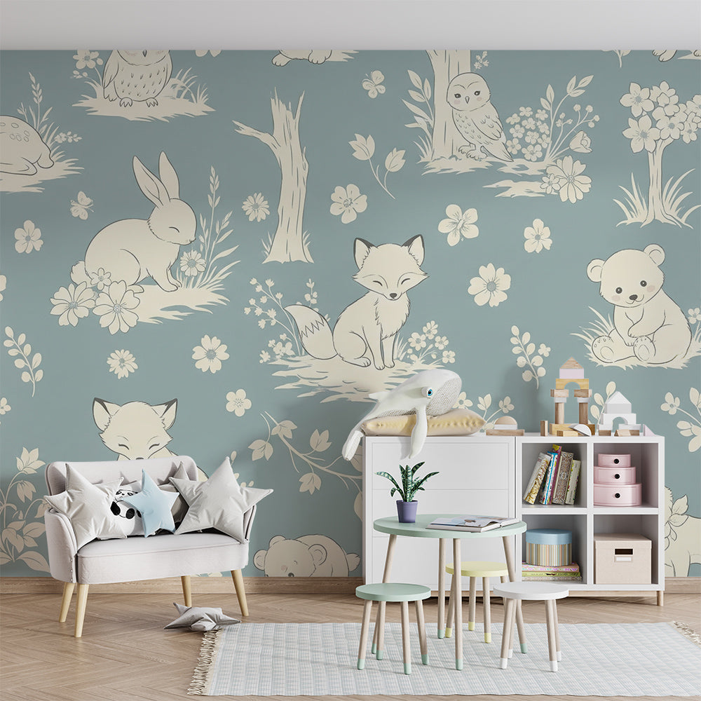 Kids-Mundo woodland toile animal mural brightening a child's playroom wall with soft blue tones