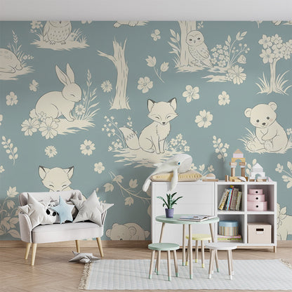 Kids-Mundo woodland toile animal mural brightening a child's playroom wall with soft blue tones