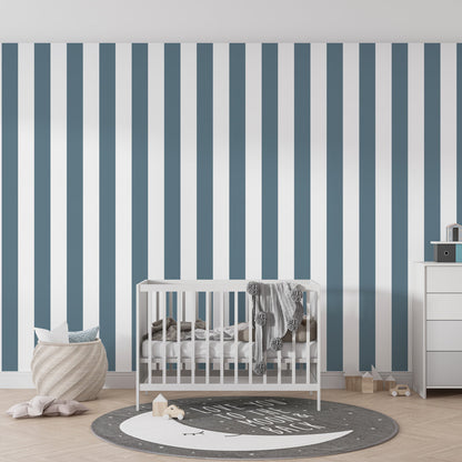 Kids-Mundo slate blue stripe wall mural on a tailored feature wall in a kids bedroom