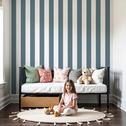 Kids-Mundo blue vertical stripe wall mural styled as a calm feature wall in a nursery