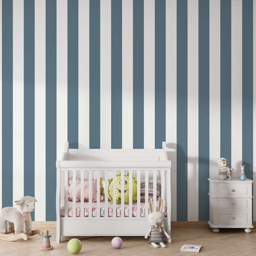 Kids-Mundo blue and white stripe wall mural brightening a tidy playroom wall