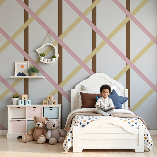 Kids-Mundo blush pink and cream trellis wall mural styled above a cot in a soft nursery.