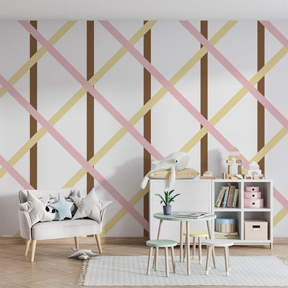 Kids-Mundo blush trellis wall mural adding soft pattern to a children's playroom.