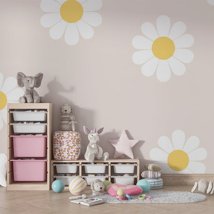 Kids-Mundo blush daisy wall mural covering a feature wall in a cheerful kids bedroom.