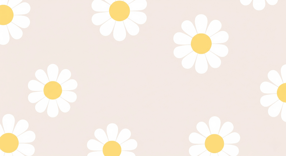 Kids-Mundo flat artwork of white daisies with yellow centres scattered on blush pink.