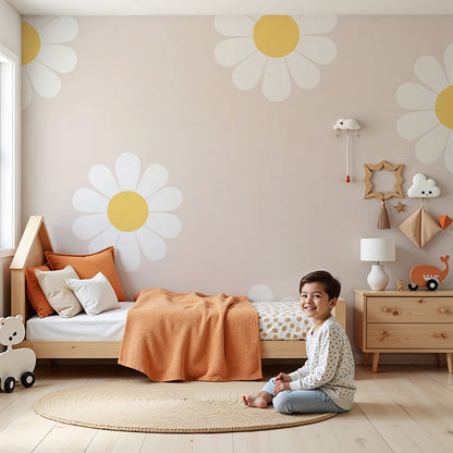 Kids-Mundo blush daisy pattern wall mural styled behind a cot in a soft pink nursery.