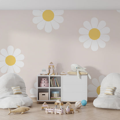 Kids-Mundo daisy pattern wall mural adding soft colour to a bright playroom wall.