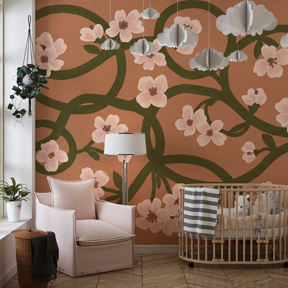 Kids-Mundo blush floral vine wall mural fitted in a playroom reading corner