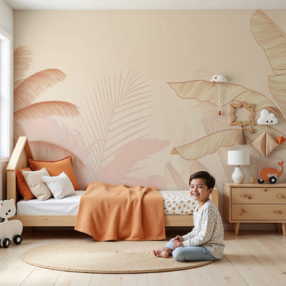 Kids-Mundo blush palm tree wall mural styled in a soft, elegant nursery.