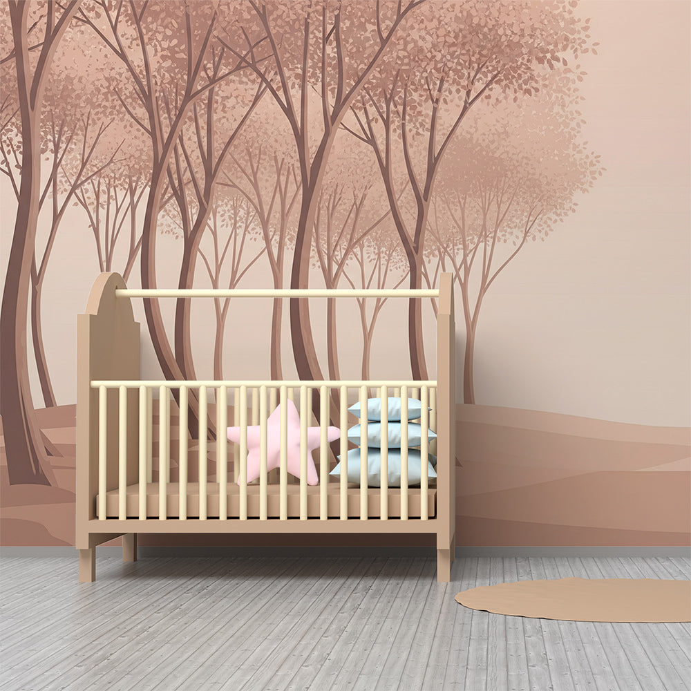 Kids-Mundo pastel forest trees mural on a feature wall in a child's bedroom