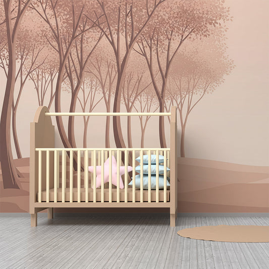 Kids-Mundo pastel forest trees mural on a feature wall in a child's bedroom