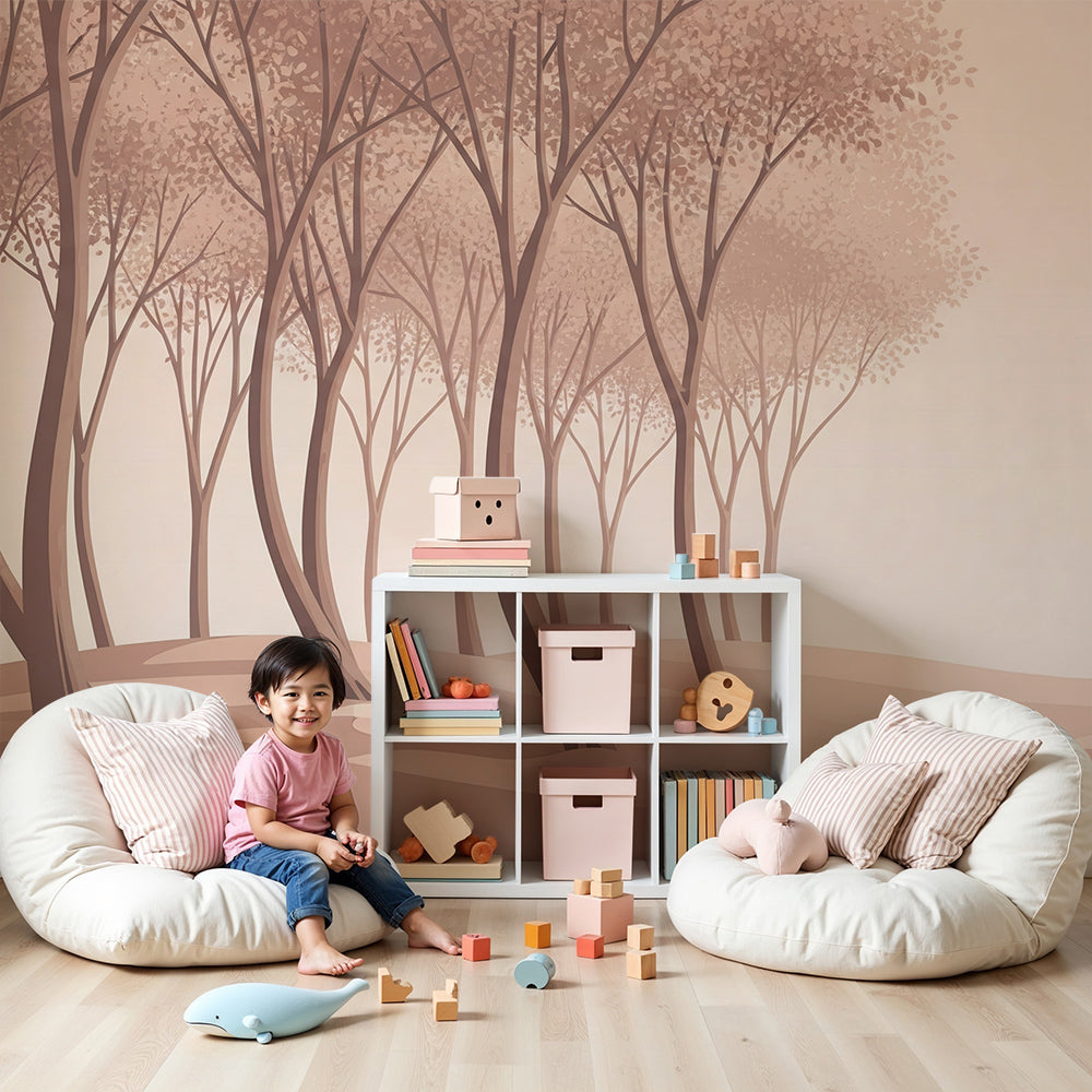Kids-Mundo blush pastel forest wall mural creating a soft, dreamy nursery