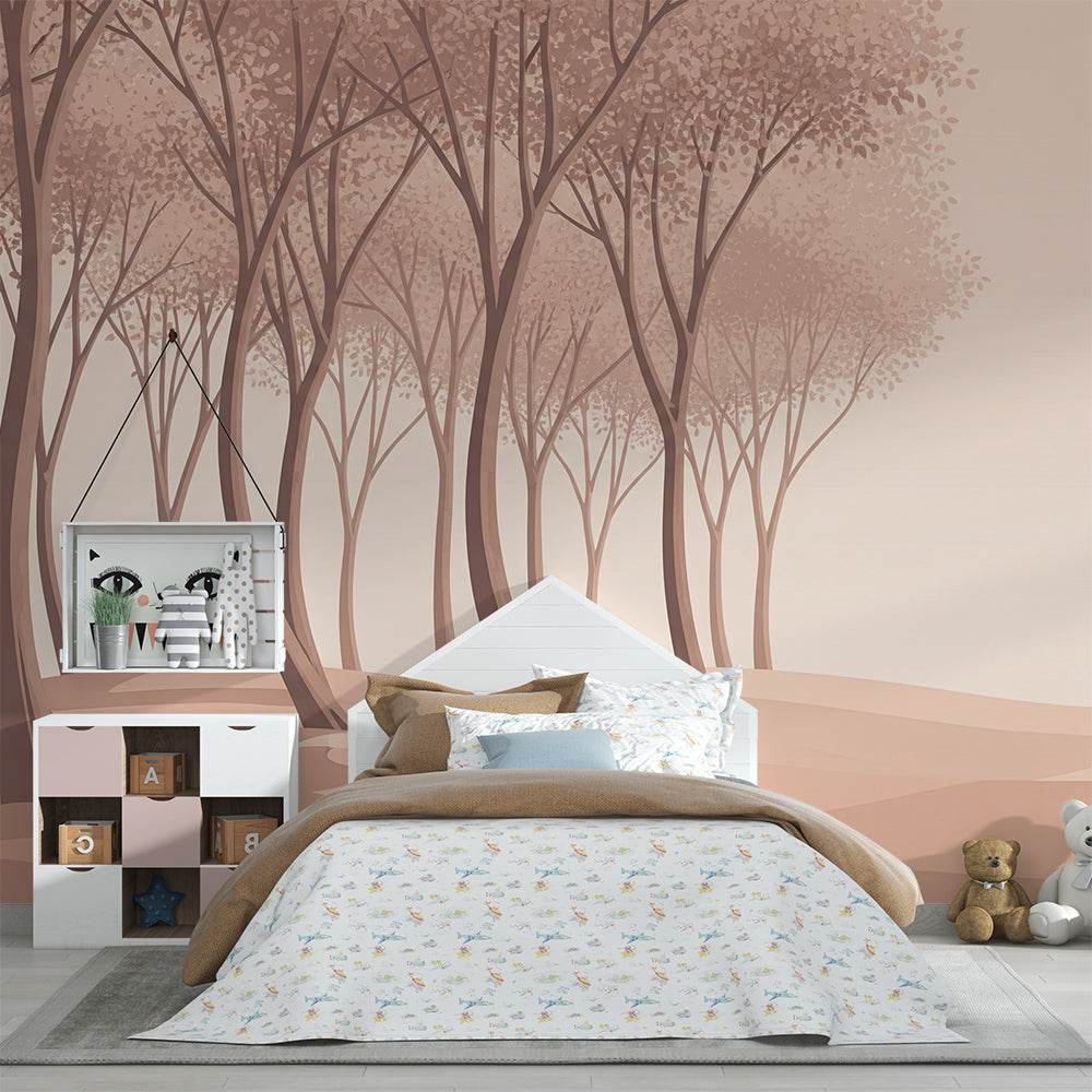 Kids-Mundo soft pastel forest wall mural bringing calm colour to a playroom