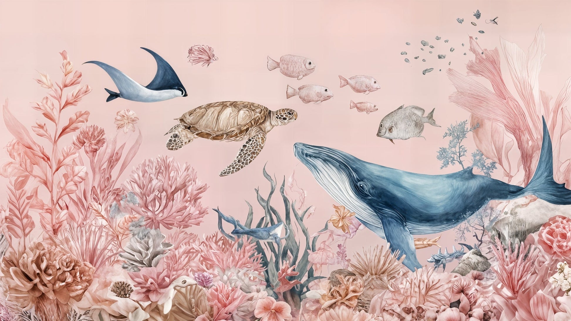 Flat artwork of the Kids-Mundo blush-pink ocean reef wall mural with turtle and whale