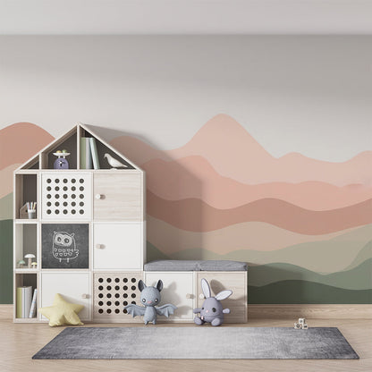 Kids-Mundo blush pink and sage mountain mural on a feature wall in a soft kids' bedroom