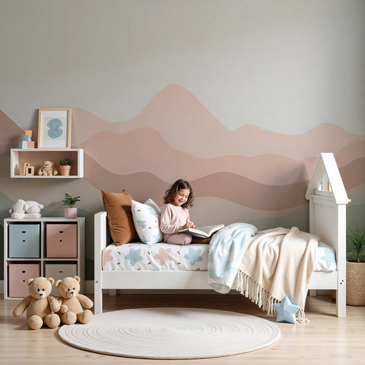 Kids-Mundo blush pink wavy mountain wall mural styled behind a cot in a calm neutral nursery