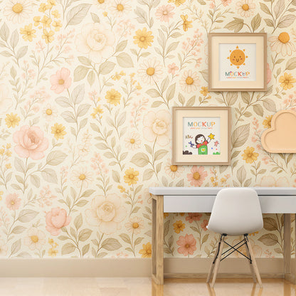 Dense floral wall mural by Kids-Mundo with roses and daisies on a kids bedroom wall
