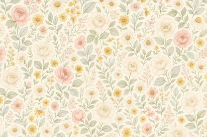 Flat artwork of the Kids-Mundo blush rose and daisy floral wall mural pattern