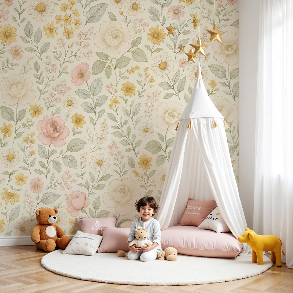 Kids-Mundo blush rose and daisy floral wall mural in a warm cosy nursery