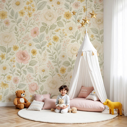 Kids-Mundo blush rose and daisy floral wall mural in a warm cosy nursery