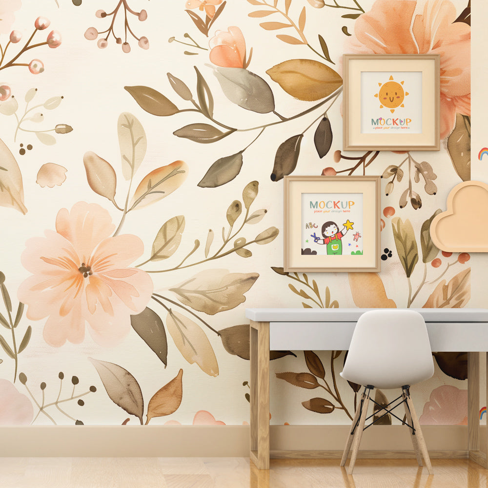 Kids-Mundo watercolour floral wall mural on a feature wall in a children's bedroom