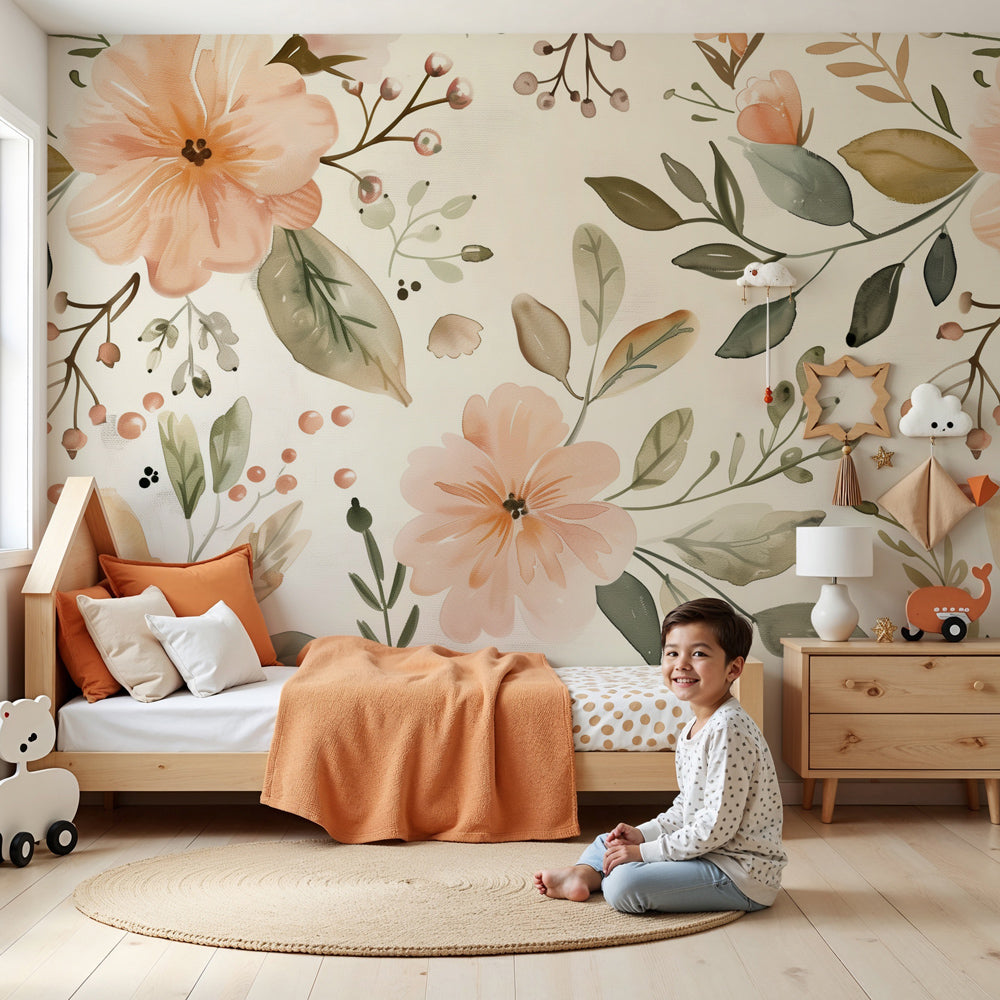 Kids-Mundo blush watercolour floral wall mural styled in a soft, calm nursery