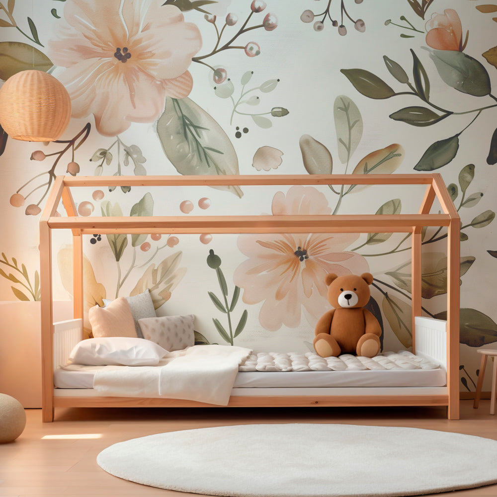 Kids-Mundo floral wall mural adding gentle colour to a kids' playroom wall