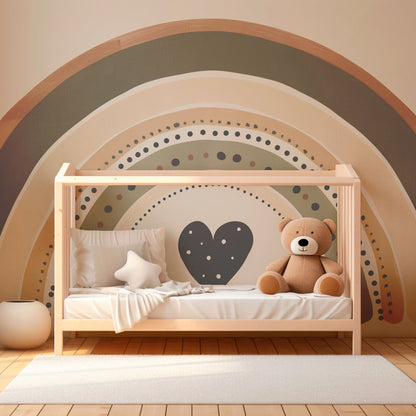 Kids-Mundo terracotta and olive rainbow wallpaper mural styled in a kids bedroom