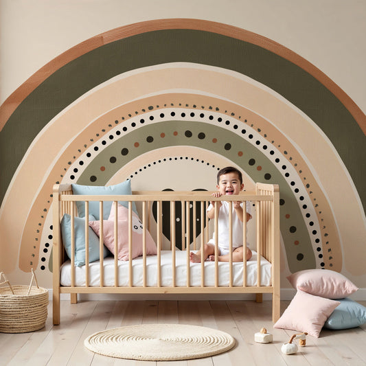 Kids-Mundo boho earth tone rainbow and heart mural on a nursery feature wall