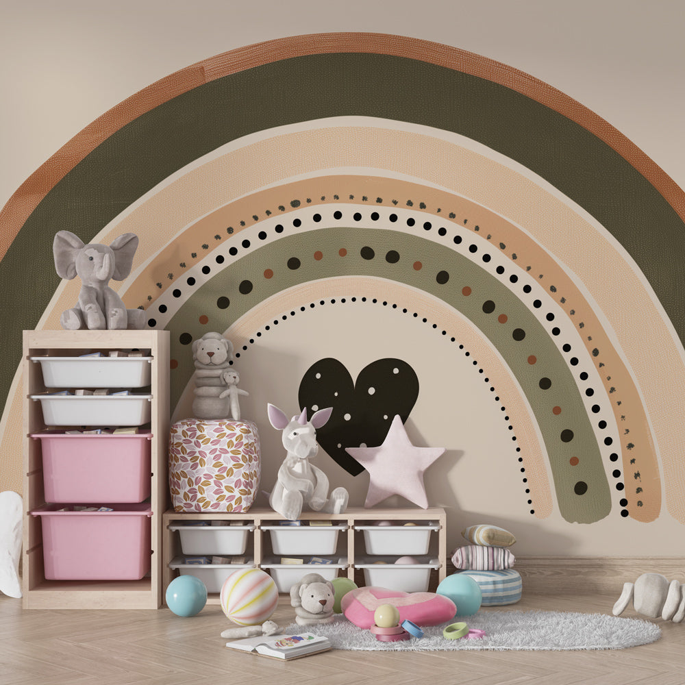 Kids-Mundo boho rainbow wall mural covering a neutral toned playroom wall