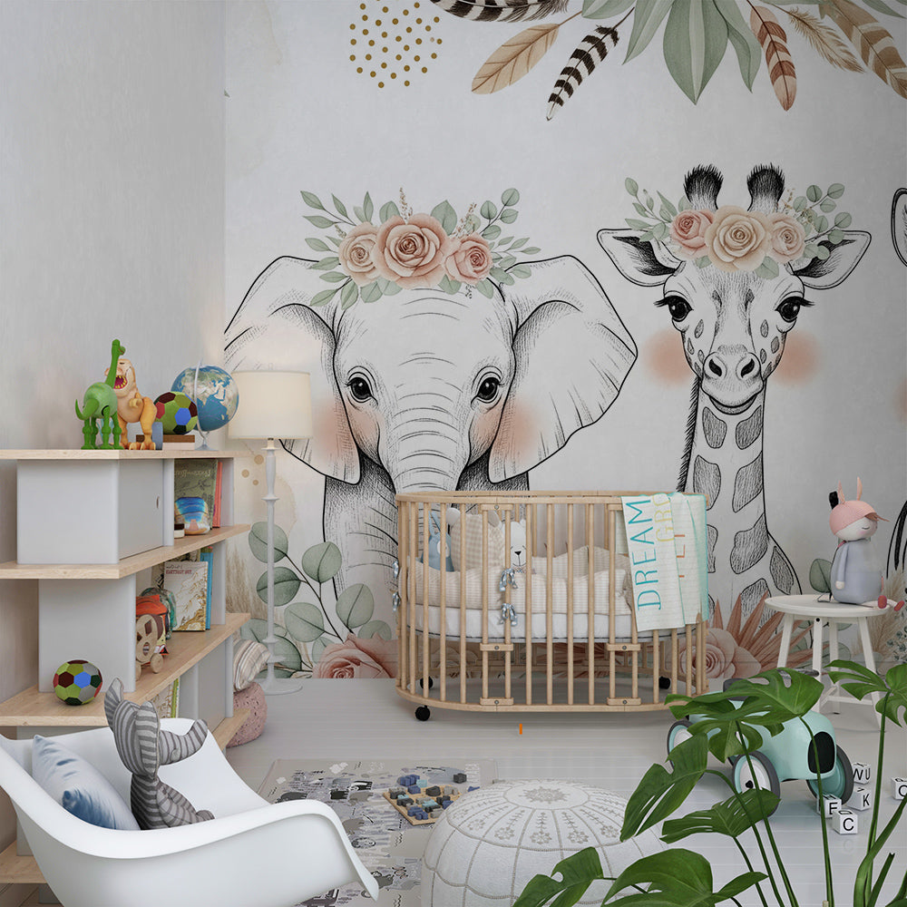 Kids-Mundo floral elephant and giraffe wall mural on a feature wall in a cosy kids bedroom