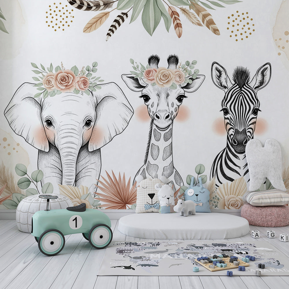 Kids-Mundo boho safari wall mural with zebra and giraffe in a bright children's playroom