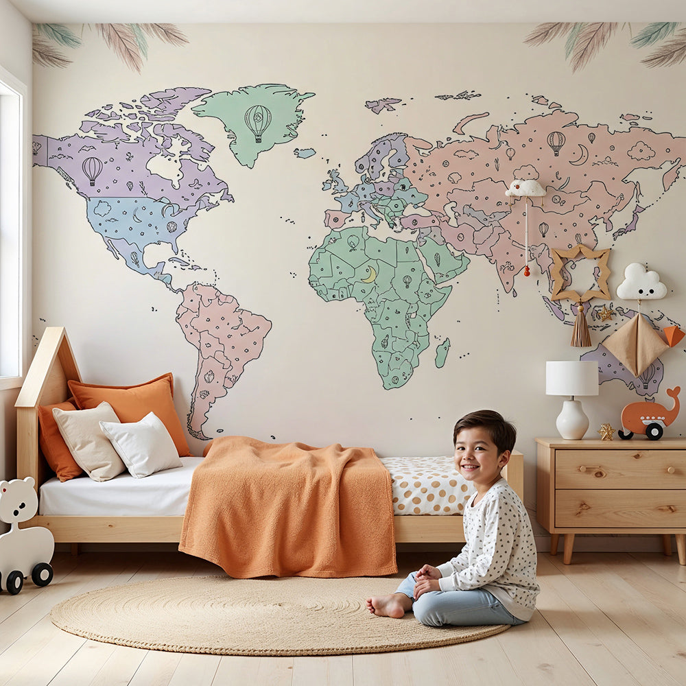 Kids-Mundo boho world map wall mural in a nursery, soft pastel continents and doodled stars above the cot.