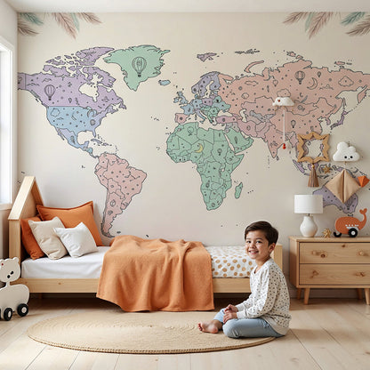 Kids-Mundo boho world map wall mural in a nursery, soft pastel continents and doodled stars above the cot.