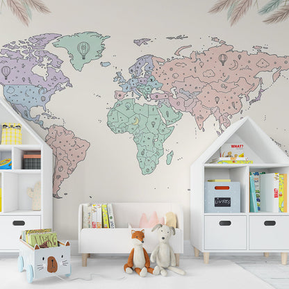 Kids-Mundo boho world map wall mural in a playroom, lavender and sage continents with tiny doodled balloons.