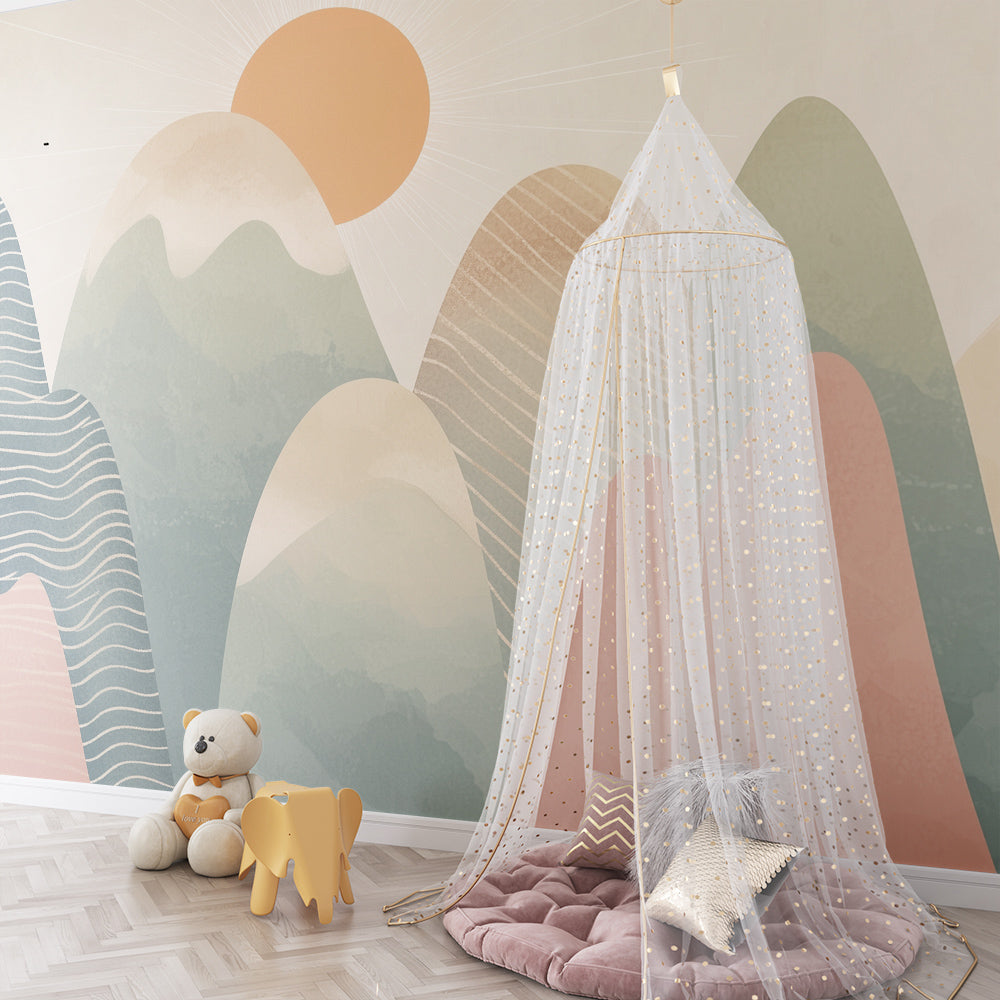 Kids-Mundo boho pastel mountain wall mural as a feature wall behind the bed in a kids bedroom