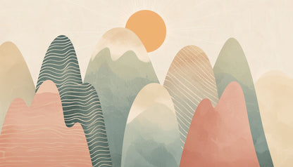 Kids-Mundo boho pastel mountain wall mural flat artwork showing the complete design and colours