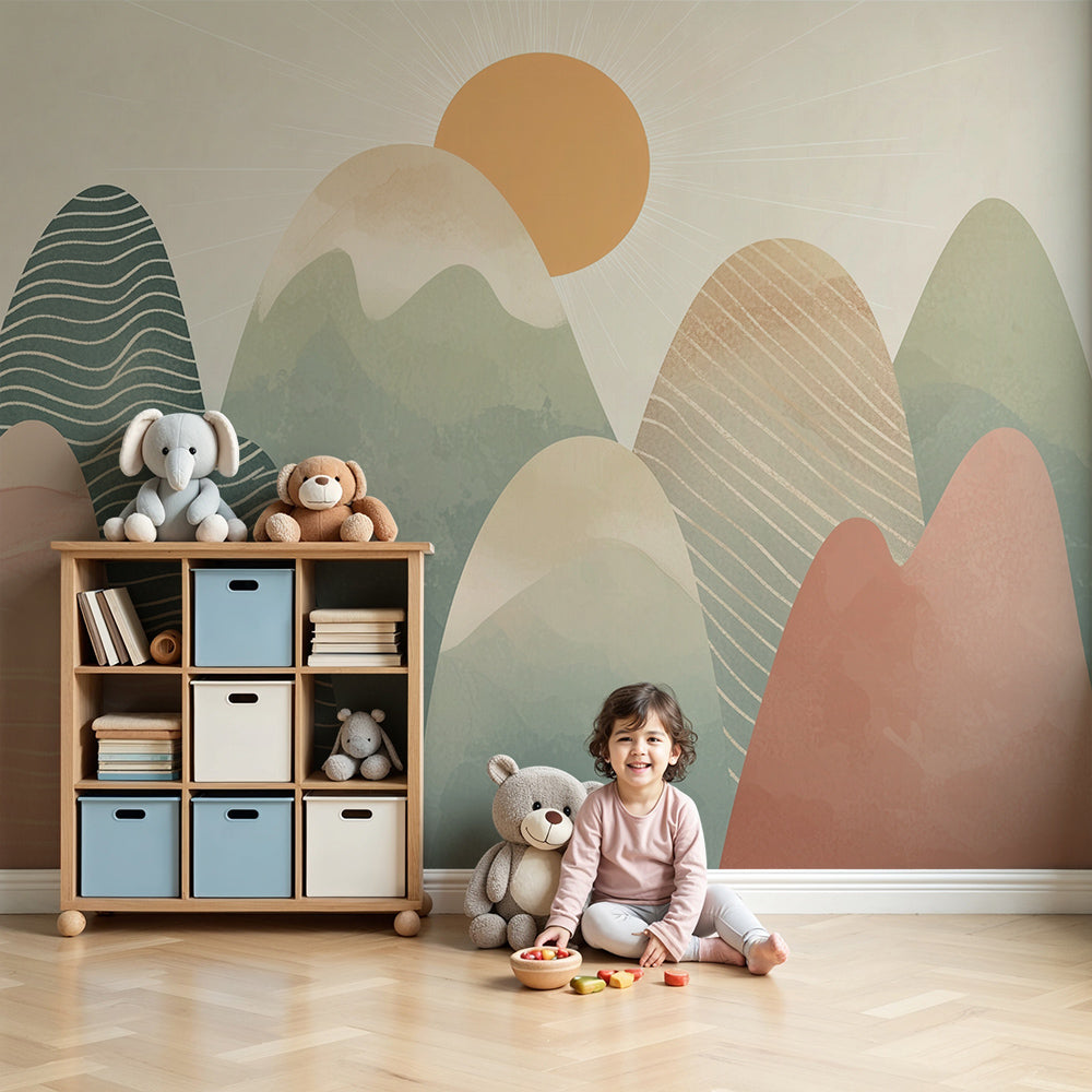 Kids-Mundo boho pastel mountain wall mural in a calm nursery with a cot and soft neutral decor