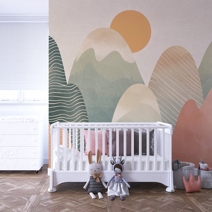 Kids-Mundo boho pastel mountain wall mural brightening a colourful children's playroom corner