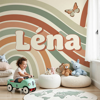 Kids-Mundo boho rainbow arch wall mural with butterflies in a baby nursery