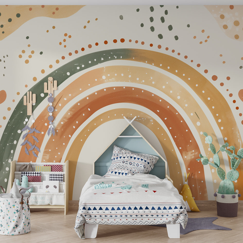 Kids-Mundo boho rainbow wall mural styled in a gender-neutral kids' bedroom.