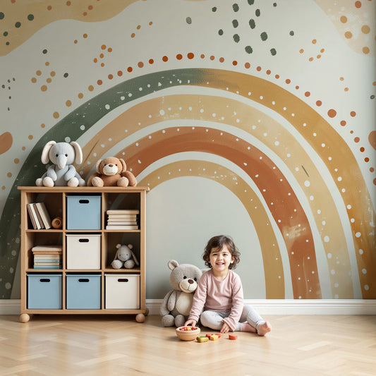 Kids-Mundo boho rainbow wall mural above a cot in a warm, earthy neutral nursery.