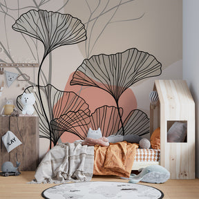 Artistic botanical mural wallpaper transforming kids room with gentle elegance