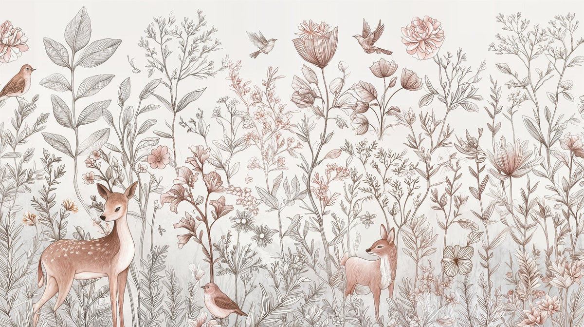 Botanical Deer and Wildflowers Wall Mural