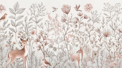 Kids-Mundo flat artwork of delicate fawns among sketched wildflowers, leaves and birds.