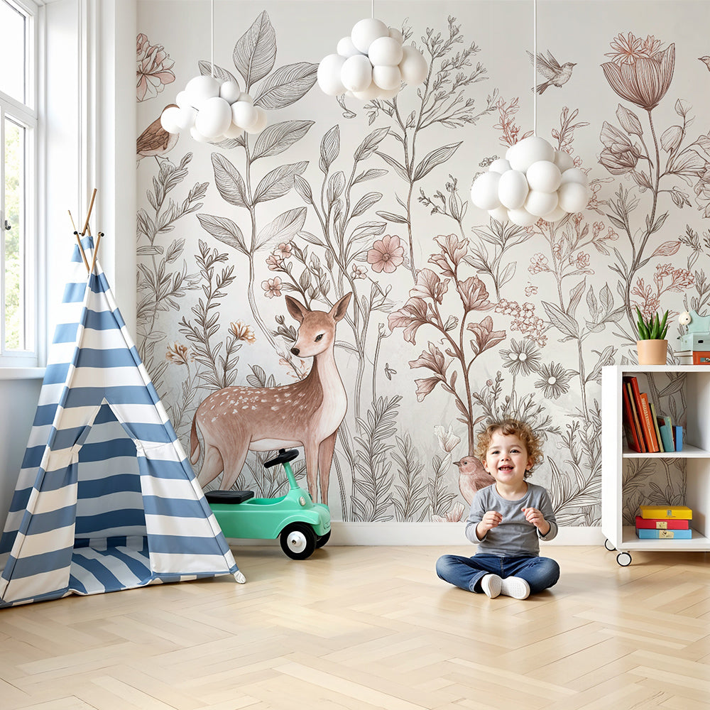 Kids-Mundo botanical deer wall mural styled softly behind a cot in a neutral nursery.