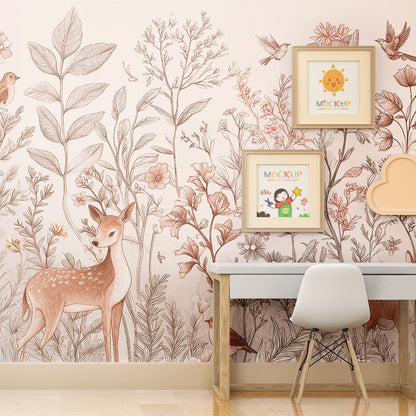 Kids-Mundo fawn and wildflower wall mural adding gentle detail to a calm playroom.