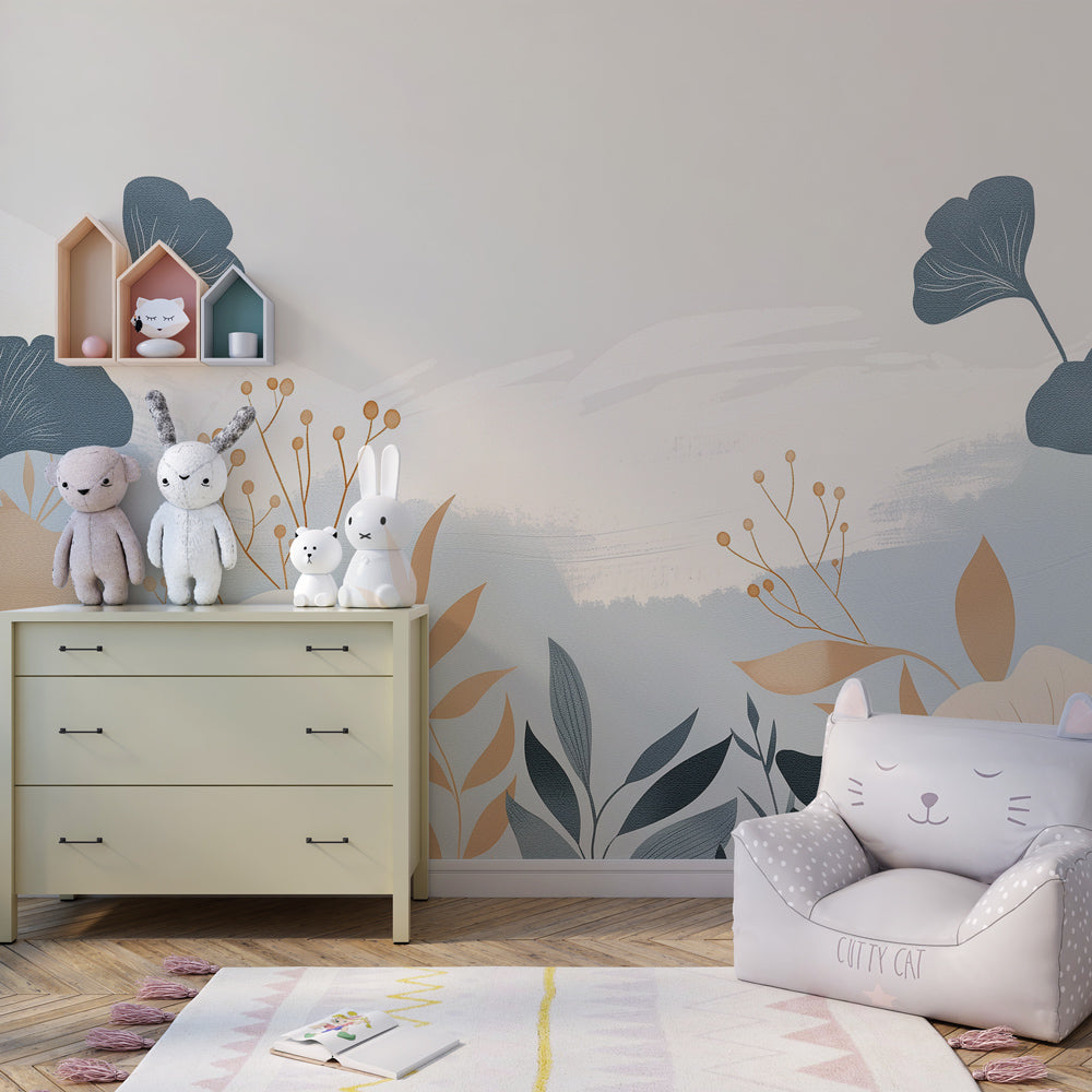Delicate botanical wallpaper creating serene atmosphere in children's bedroom decor
